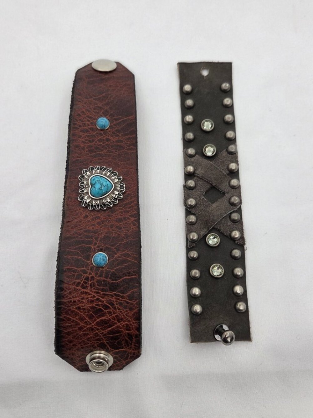 Vintage Western Leather & Suede Cuff Duo - Turquoise Heart & Studded Grey S